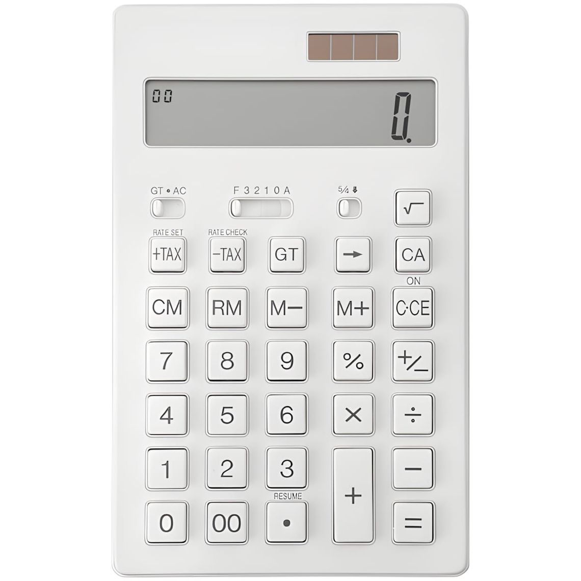 Muji KK-1154MS 12-digit desktop calculator in all-white ABS, photographed from above: flat square keys with grey legends, sma