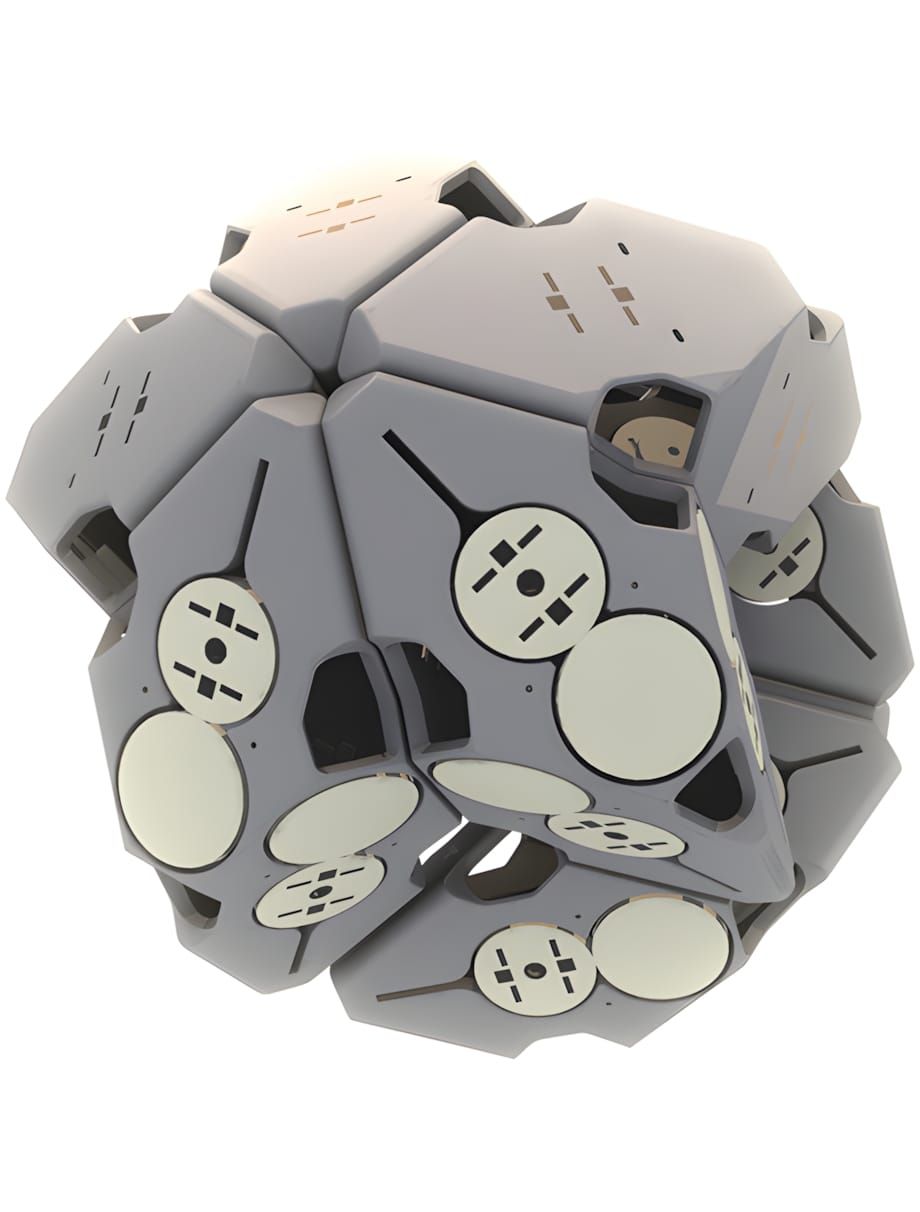 CGI render of a sphere assembled from faceted grey pentagonal panels with circular disc connectors at each joint.