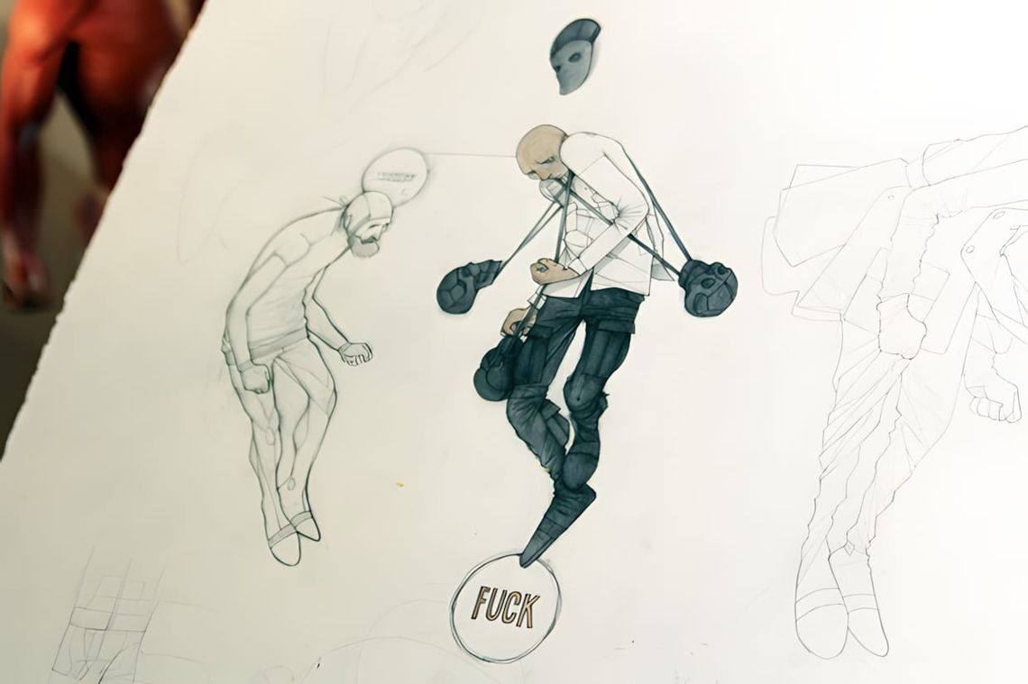 Fashion illustration by Aitor Throup: a figurative anatomical drawing exploring the human body and garment construction.