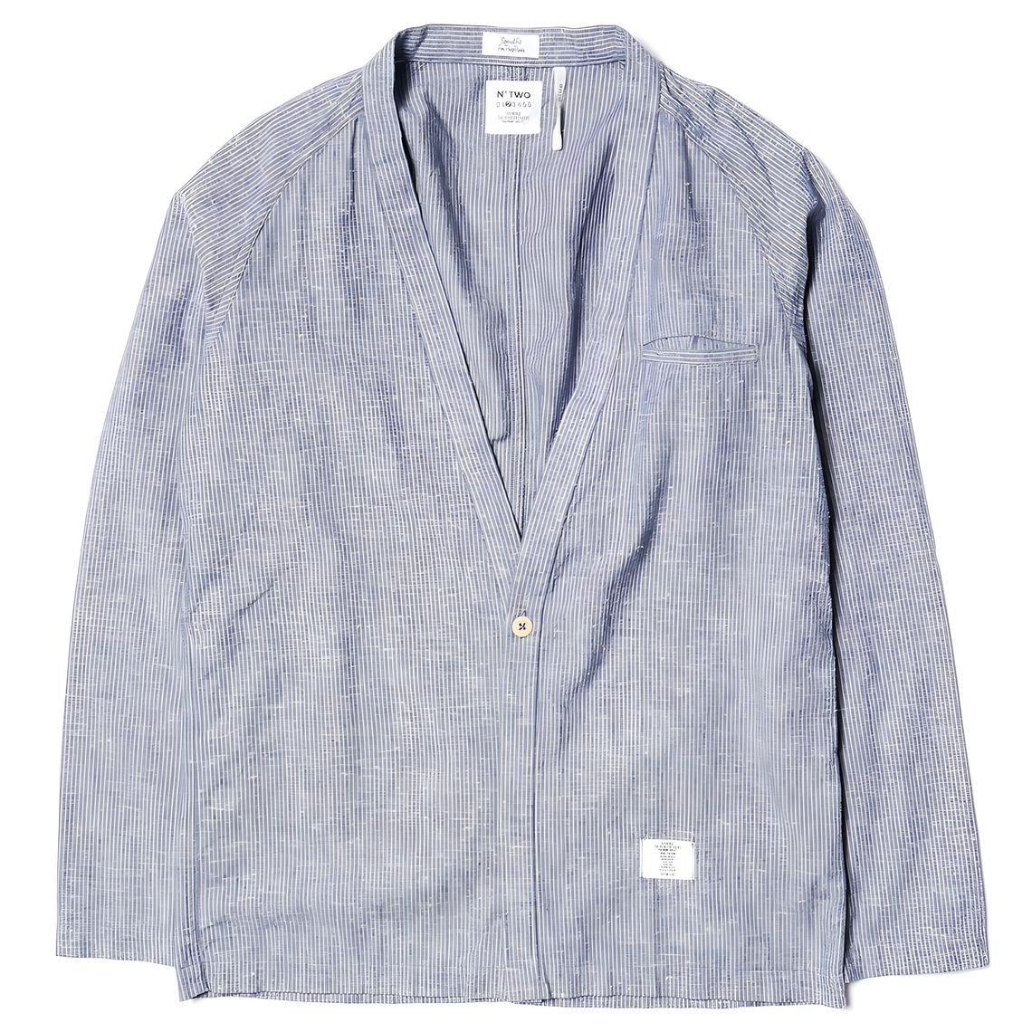 Flat-lay of Haven Hall L/S cardigan shirt in navy stripe, V-neck, single button, woven N° Two label at hem.