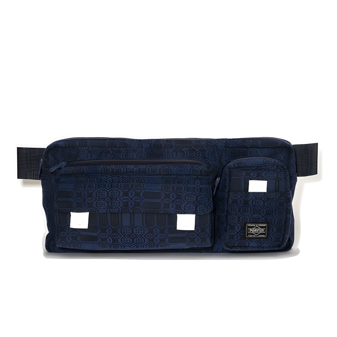Black waist bag from a White Mountaineering x Porter collaboration, shown against a plain background.