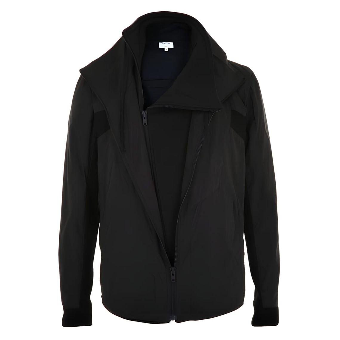 Y-3 (adidas x Yohji Yamamoto) all-black technical zip jacket, ghost-mannequin flat-lay on white background — large draped ope