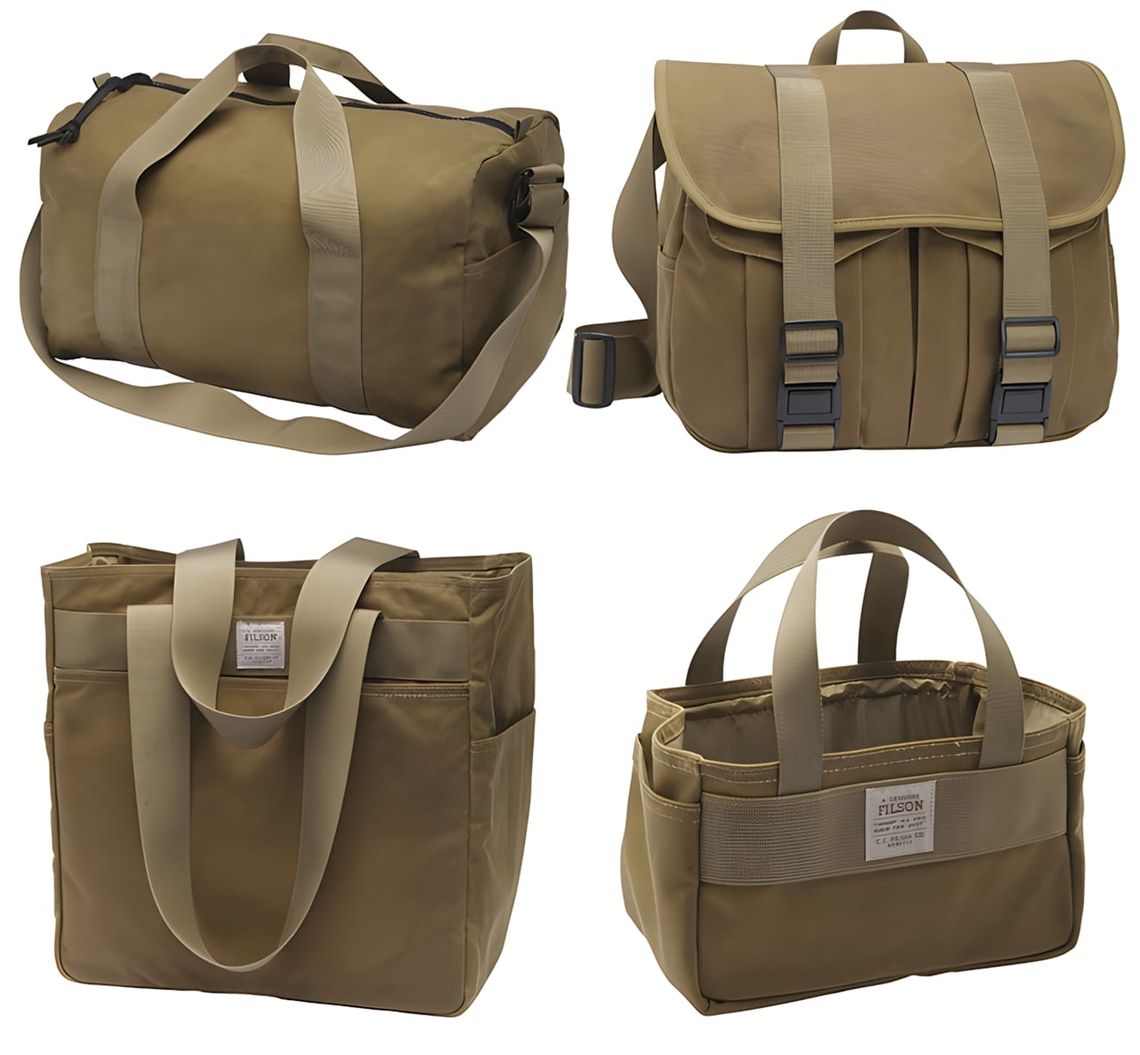 Four Filson tin cloth bags in Dark Tan arranged in a 2x2 grid: top-left is a soft-sided lunch cooler with shoulder strap and 