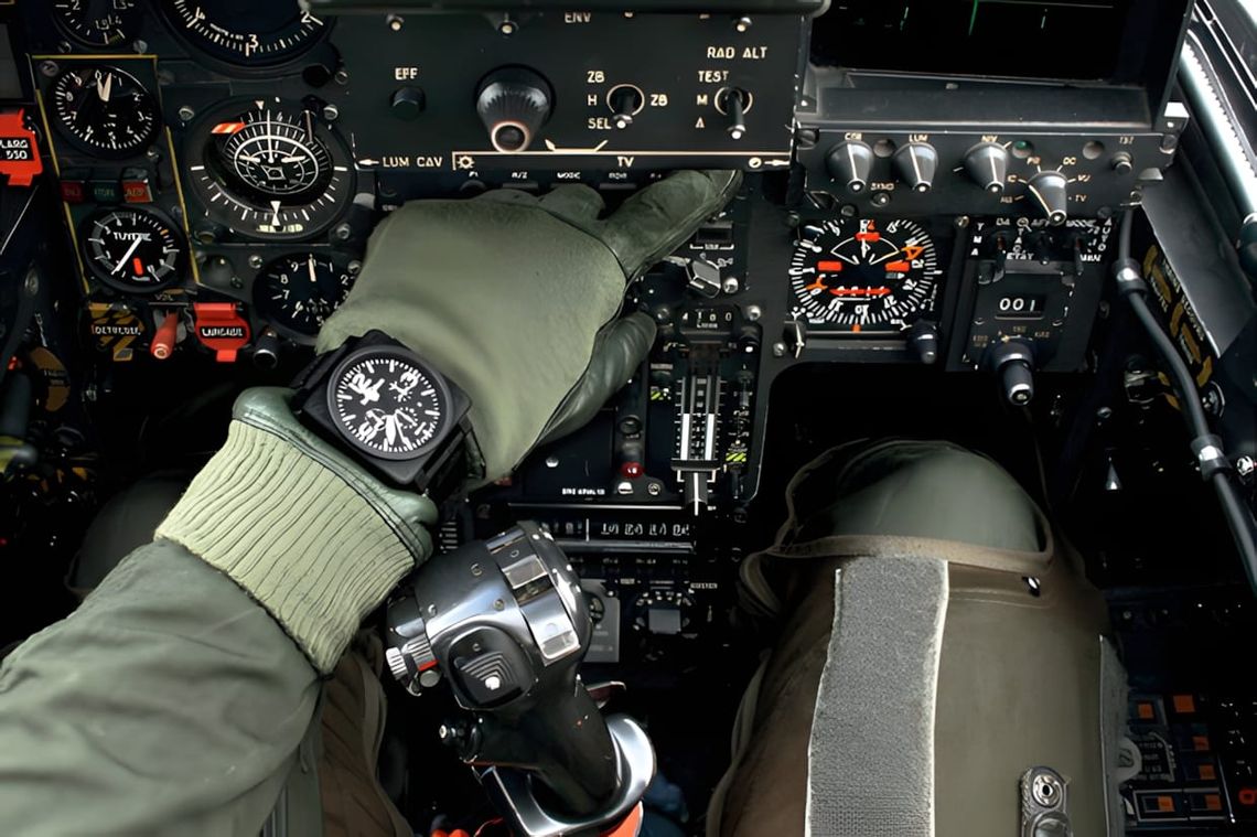 Wrist wearing a Bell & Ross BR 01 square black-dial pilot watch on an olive flight glove, hand resting on aircraft cockpit co