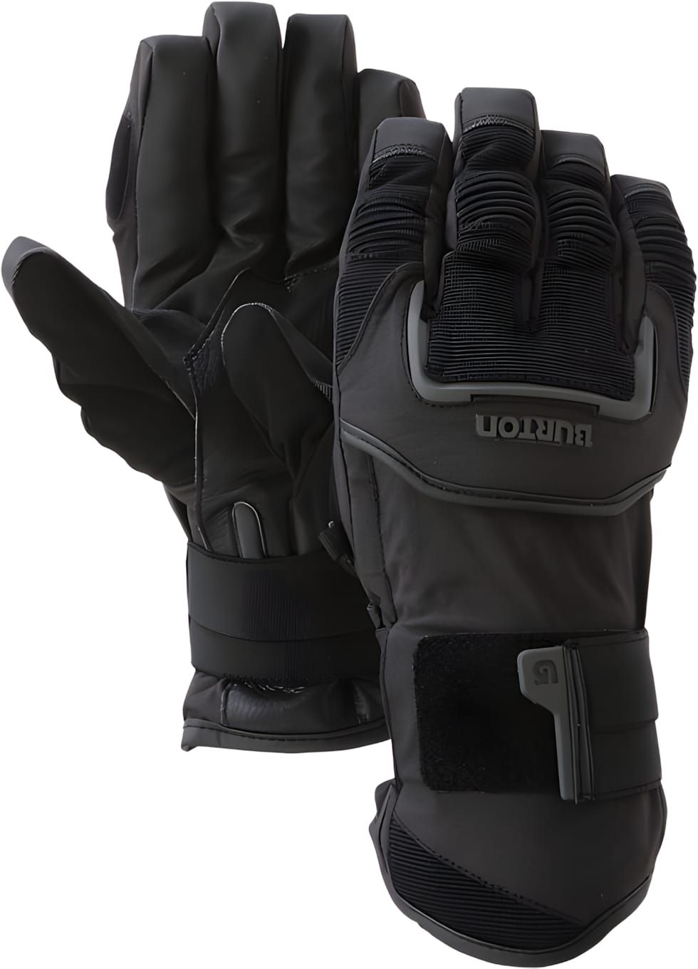 Pair of all-black Burton Impact snowboard gloves shown dorsal-side up, with embossed BURTON logo on the knuckle area, articul
