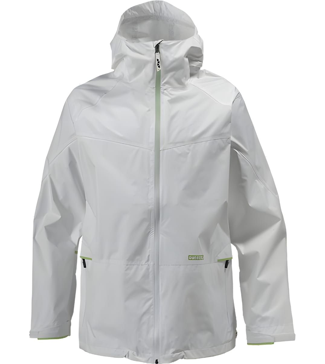 Helly Hansen Roam 2.5L shell jacket in white, ghost-mannequin view, with adjustable hood, full front zip, and lime-green zipp