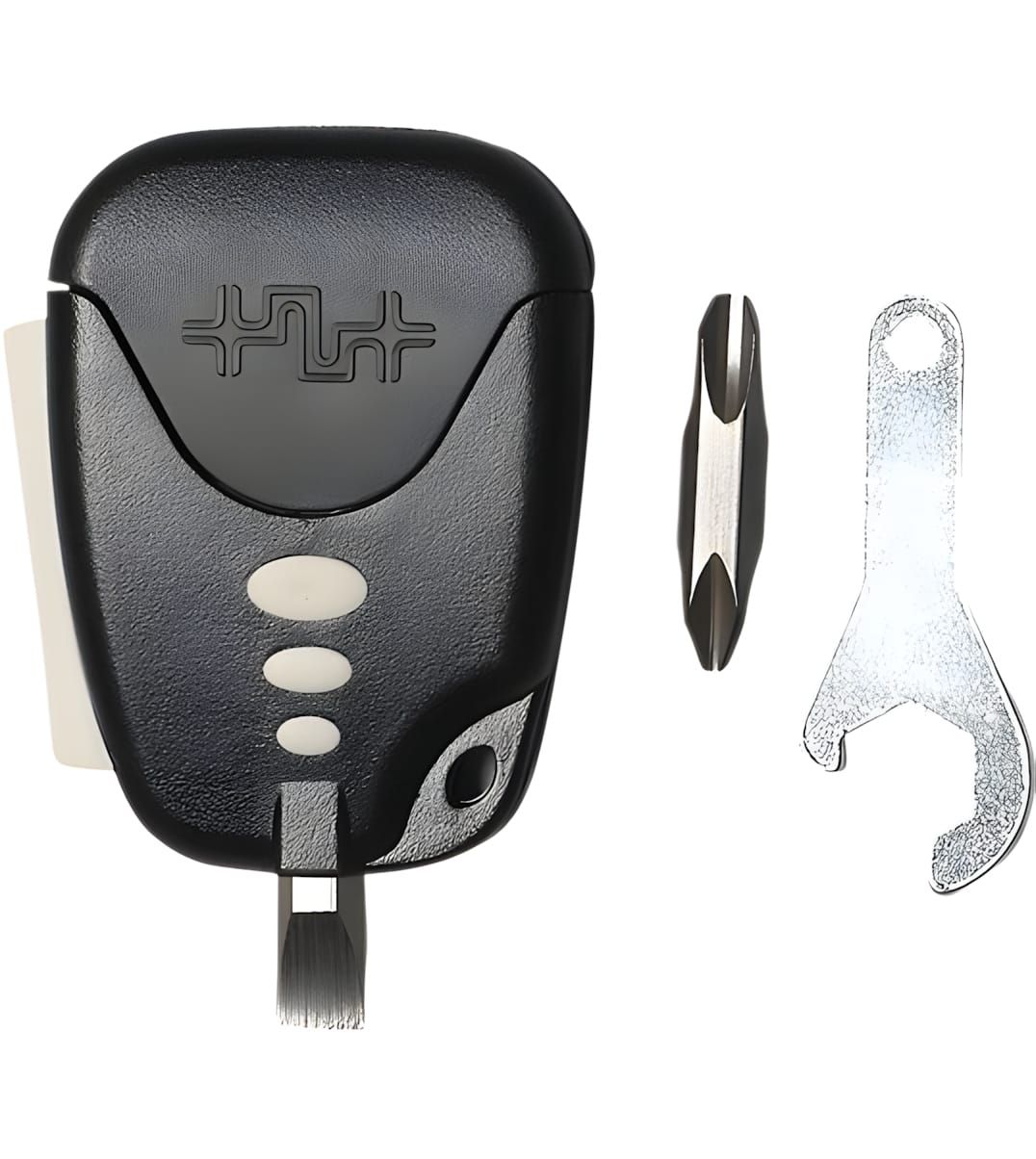 Burton Zip Tool laid out on white background showing three components: a compact black plastic key-fob body with the Burton l