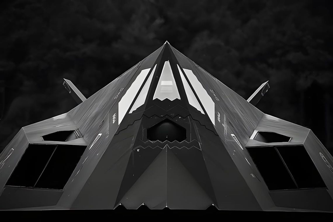 Low upward-looking monochrome photograph of the Lockheed F-117 Nighthawk, showing the aircraft's sharply faceted nose pyramid