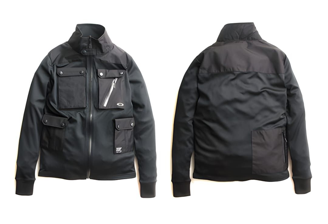 Oakley High Function Line black multi-pocket technical jacket shown front and back: snap-flap chest cargo pockets, diagonal z