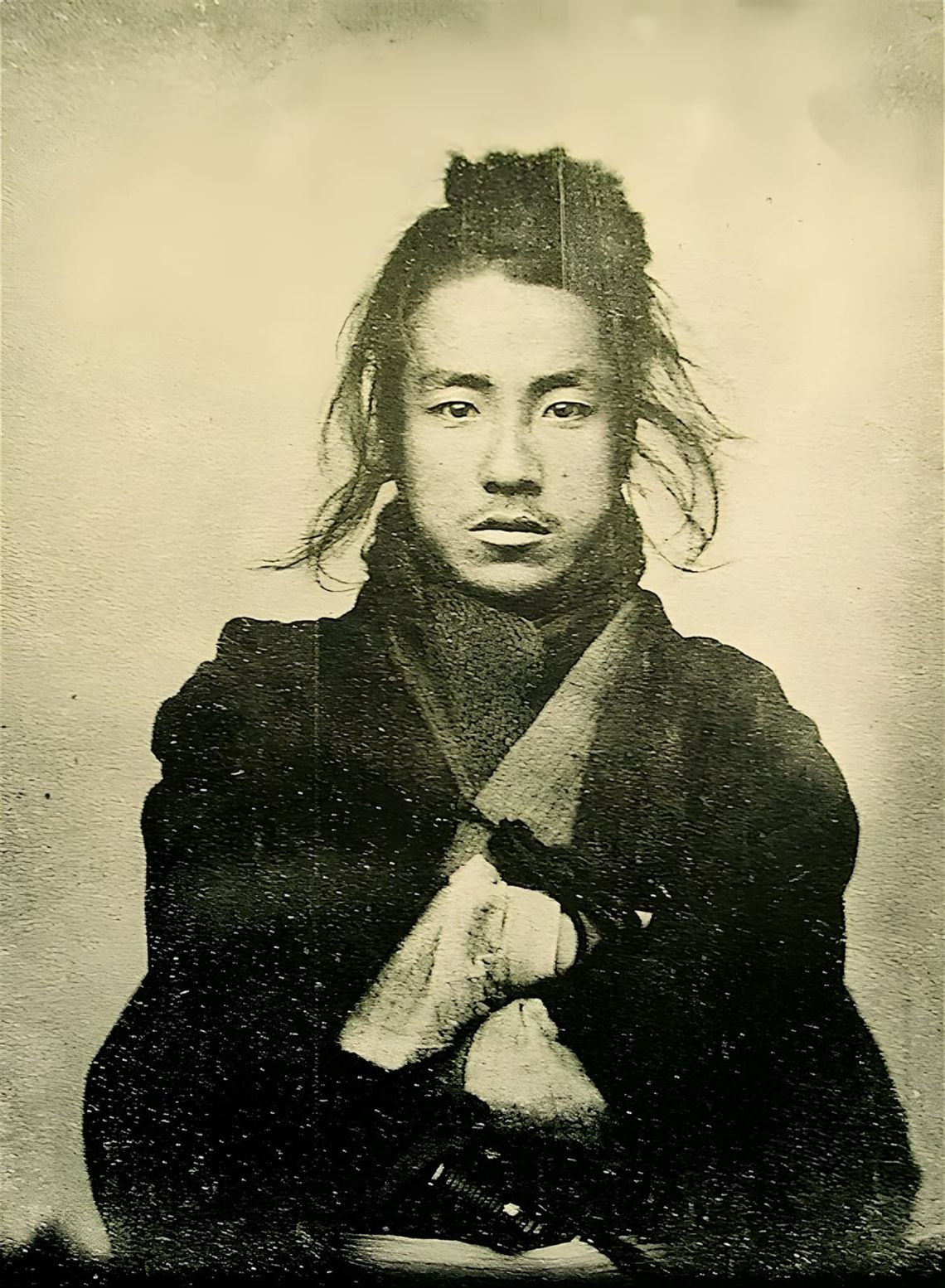 Studio portrait of a young Japanese samurai in a dark haori and kimono, with a chonmage topknot, seated and facing the camera