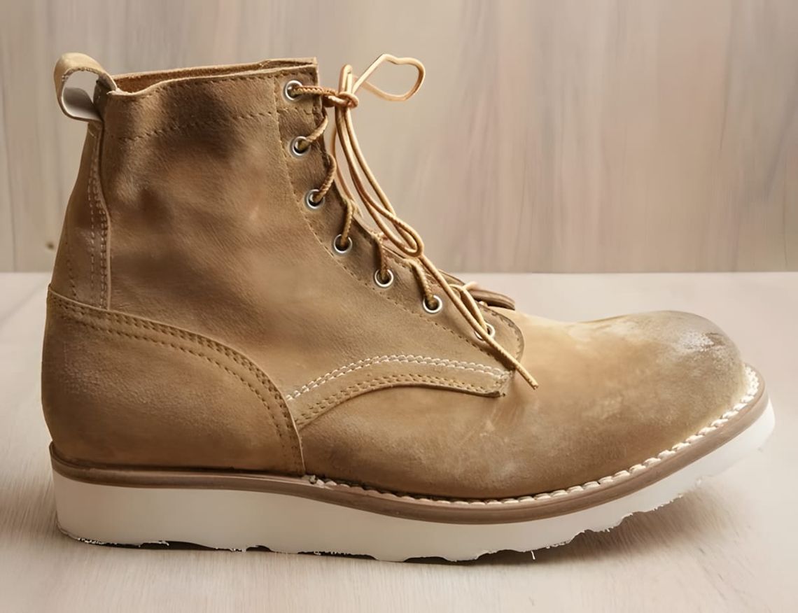 Red Wing 8181 Heritage Work Round Toe Boot in Hawthorne Muleskinner rough-out leather — side profile of a worn 6-inch tan/cop