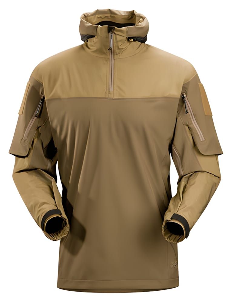 Arc'teryx LEAF tactical combat shirt in coyote brown on a ghost mannequin, showing a quarter-zip collar, ripstop nylon should