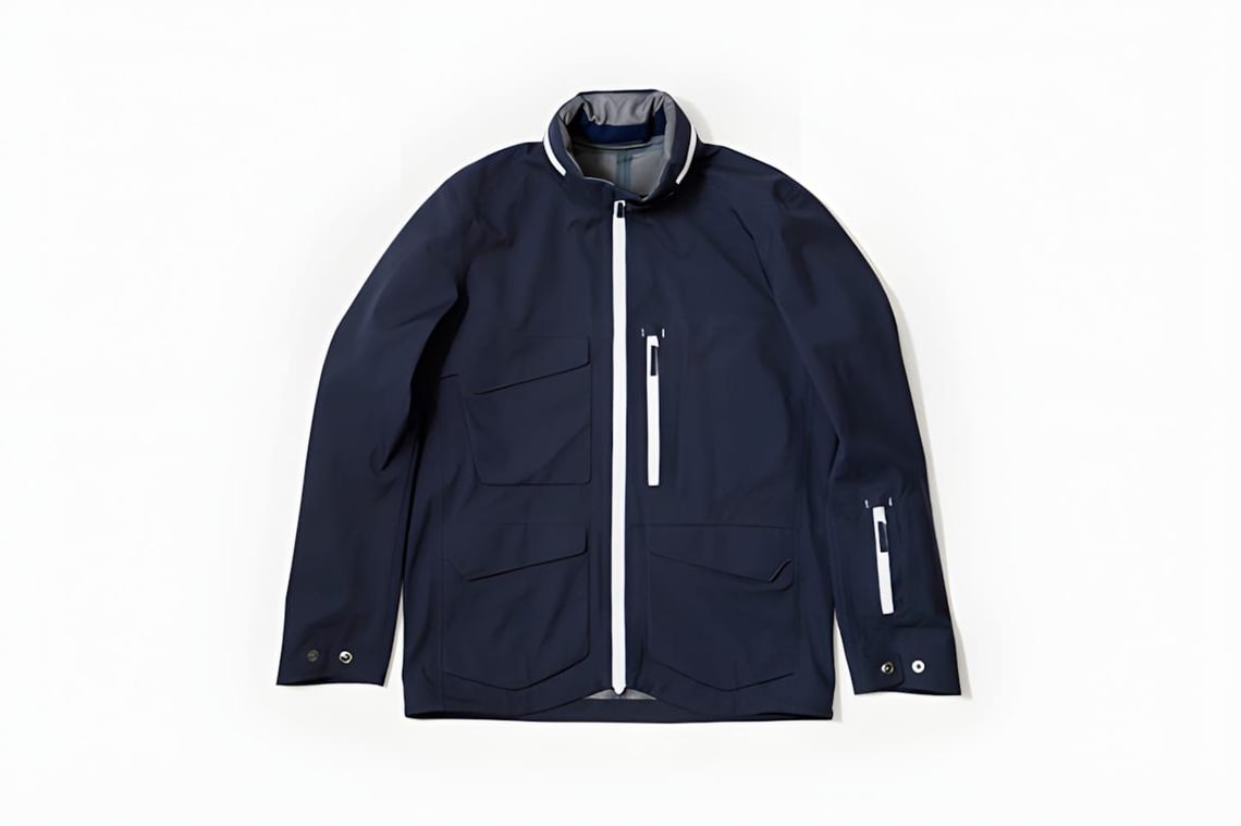 Nike Sportswear ACG White Label shacket in navy, flat-lay ghost-mannequin product shot on white background. Features a full c