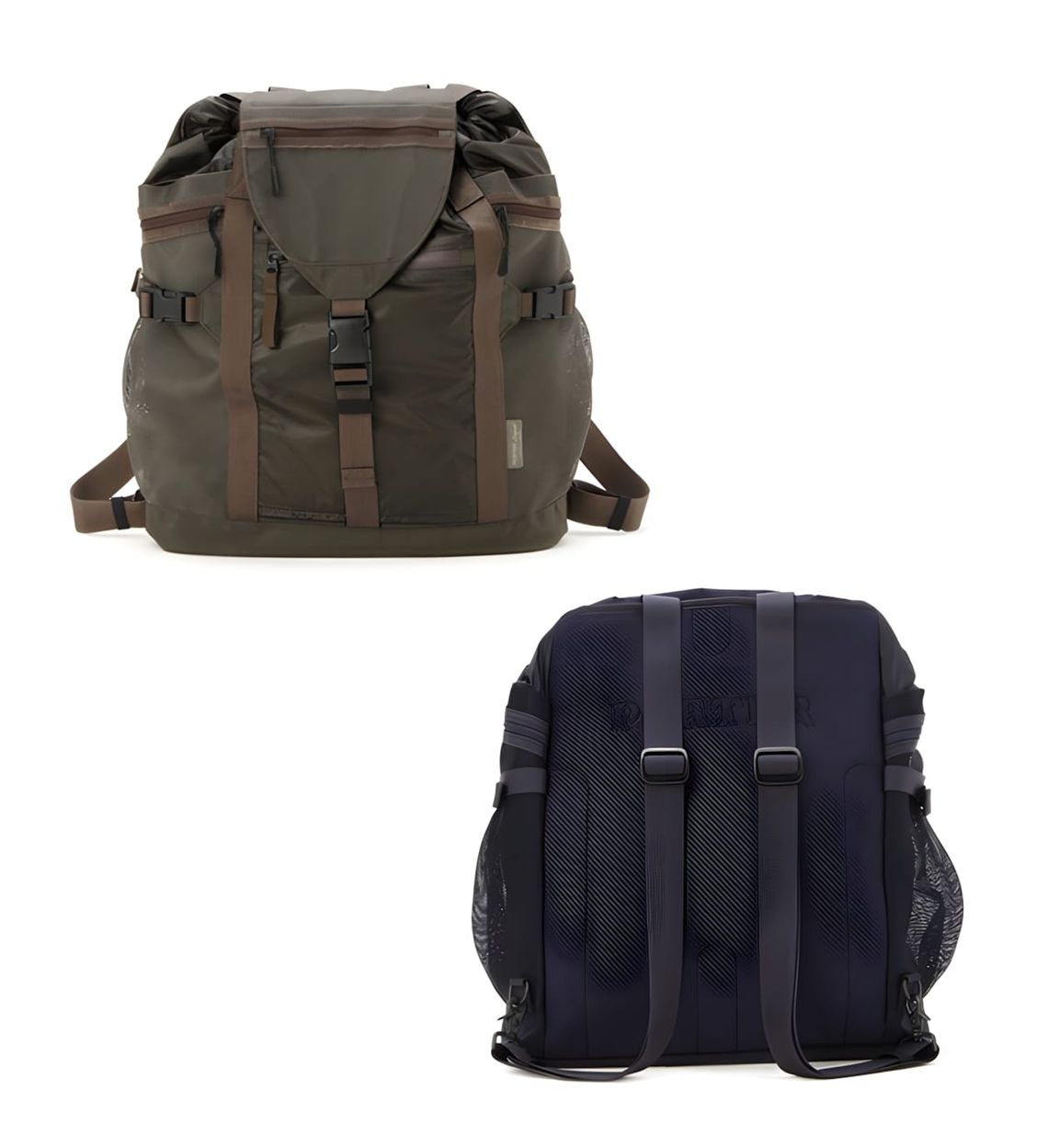 Filson Tin Cloth Rucksack in two colorways: top image shows front view in otter green with mesh side panels, brown bridle lea
