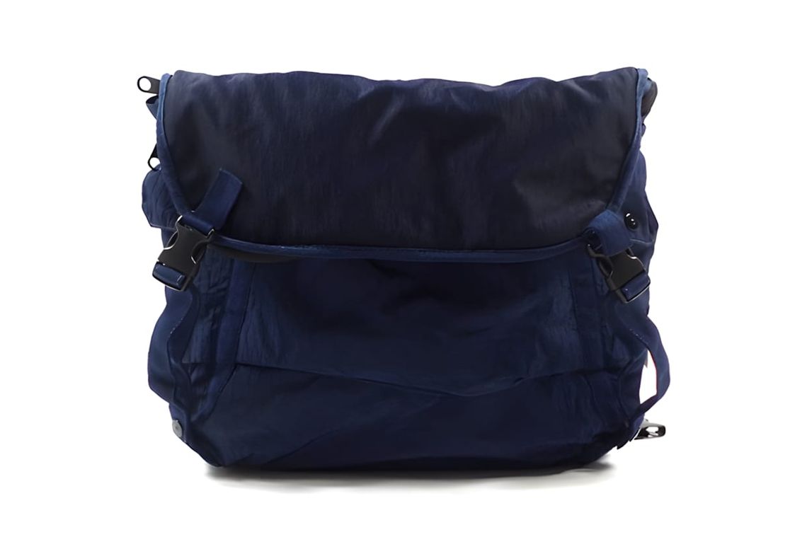 Stone Island Shadow Project x Bagjack Transformable Messenger Bag in navy Diamond-R Ripstop 3L, front view showing fold-over 