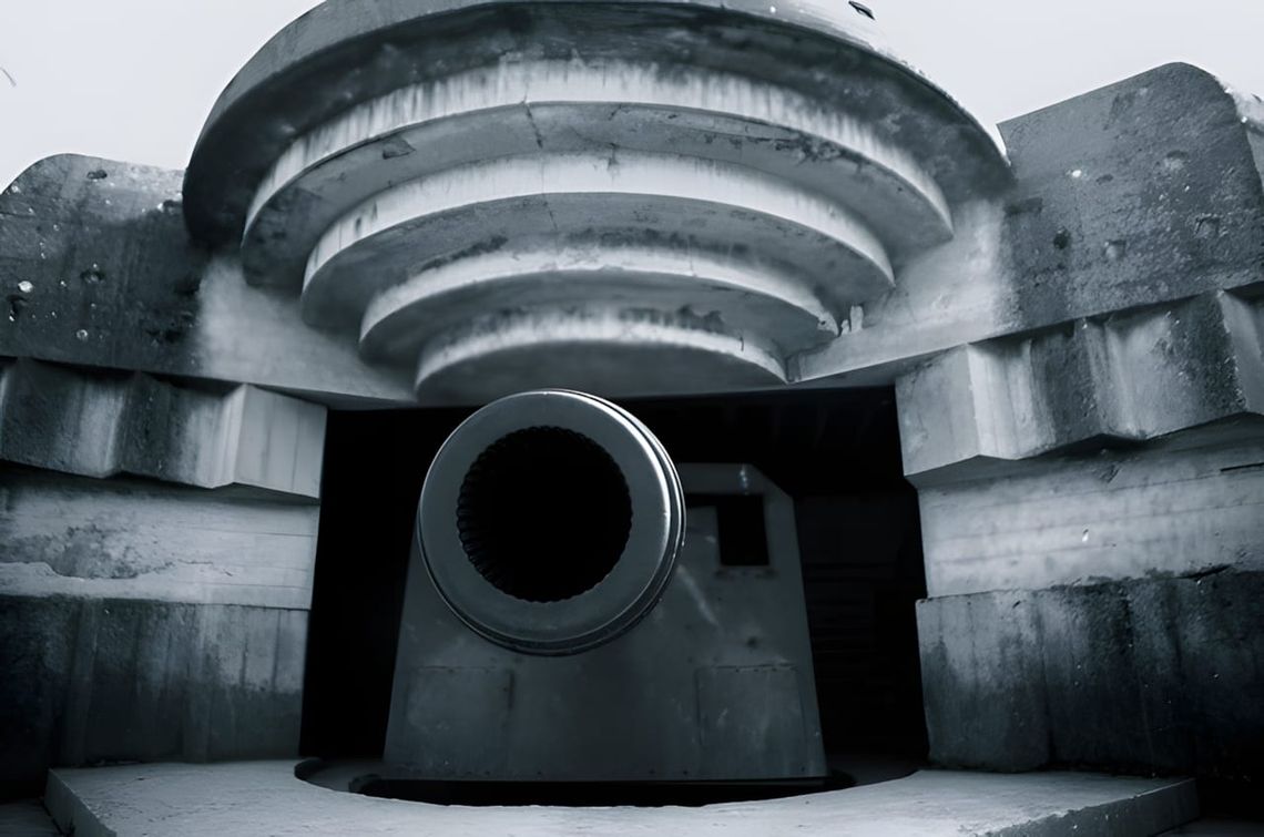 Interior of a WWII German concrete gun casemate at Batterie Le Chaos, Longues-sur-Mer: a large 152mm naval gun barrel points 