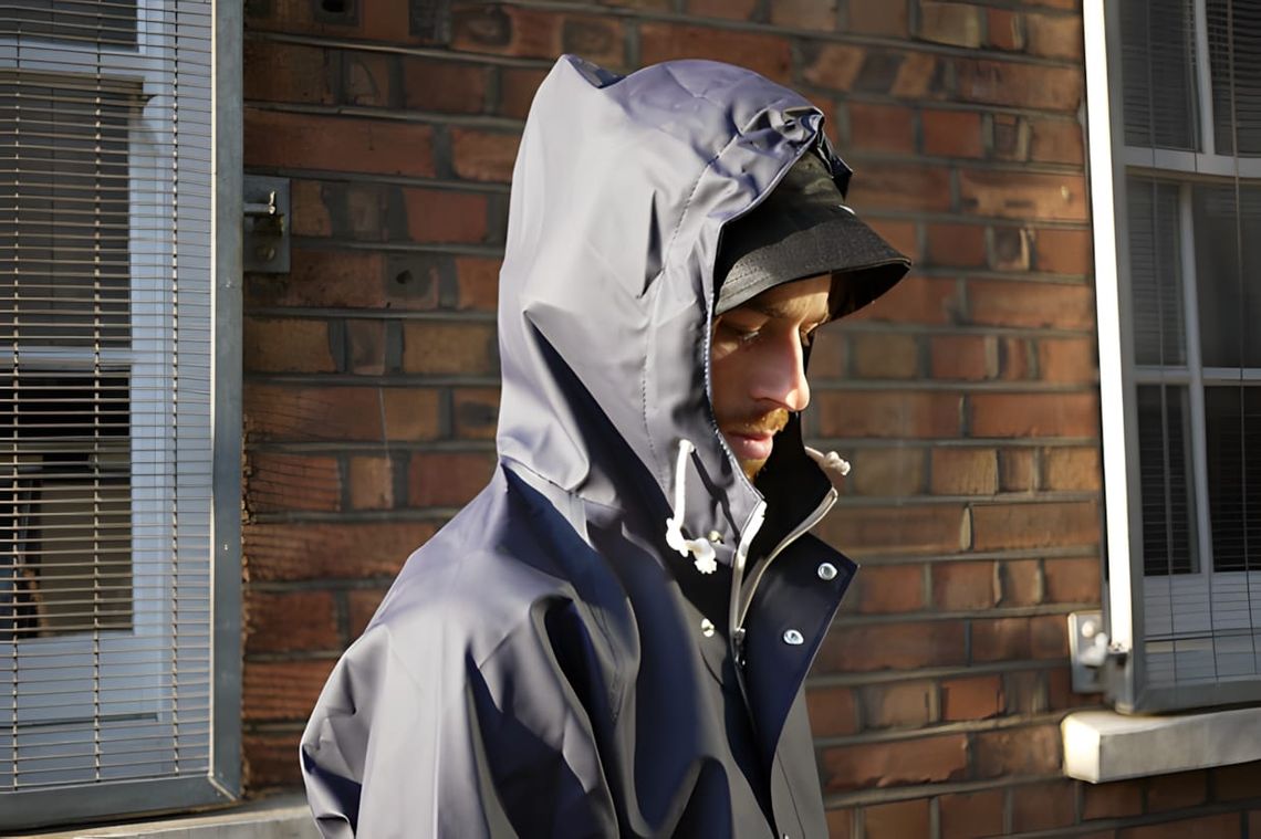 Male model wearing a light grey Norse Projects x Elka hooded PVC raincoat, hood raised, photographed in three-quarter profile