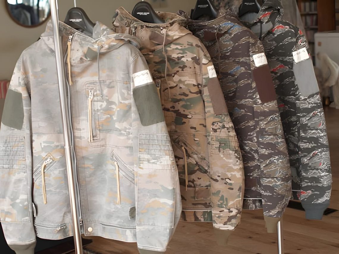 Four hooded camo smock parkas on a clothing rail in Multicam, tigerstripe, blue-grey, and abstract tan camo patterns.
