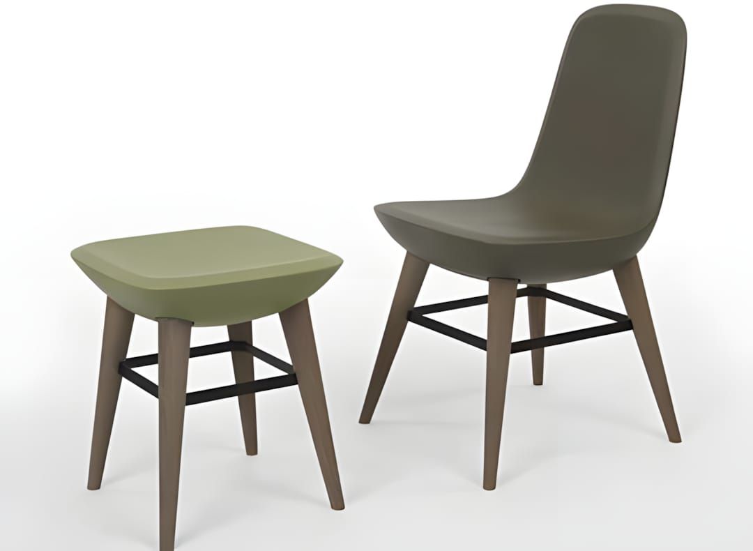 Pebble lounge chair and low stool by Benjamin Hubert for De Vorm, olive green upholstery on solid oak legs with black steel s