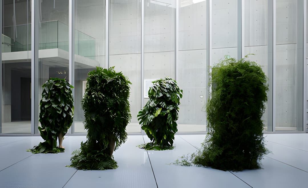 Four plant-wrapped humanoid figures by Makoto Azuma inside 21_21 Design Sight's concrete and glass interior, 2008.