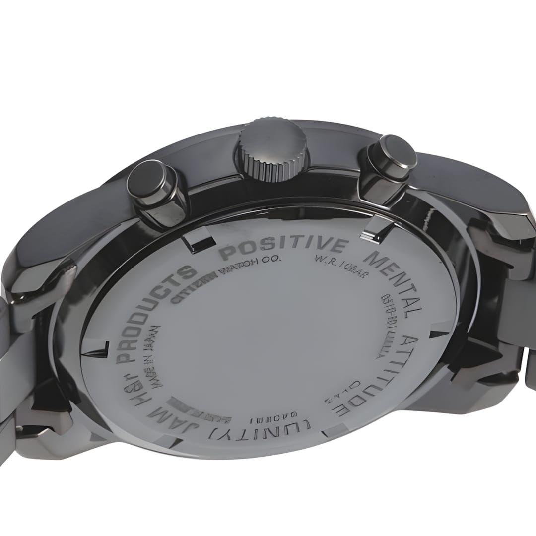 Engraved black PVD case back of JAM Home Made Positive Mental Attitude quartz chronograph by Citizen Watch Co.