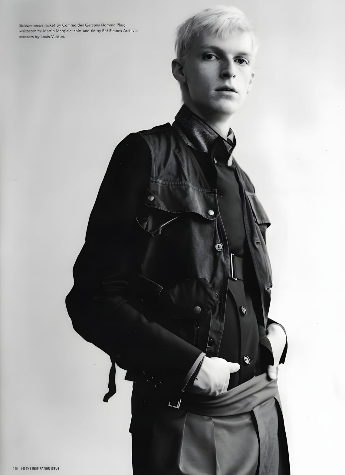 Model Robbie in Comme des Garçons Homme Plus combat jacket, i-D No. 206 Feb 2001, photo Willy Vanderperre
