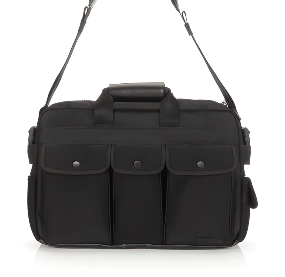 Lexdray Stockholm Brief in black — front view showing three snap-button bellows pockets, leather top handle, and shoulder str