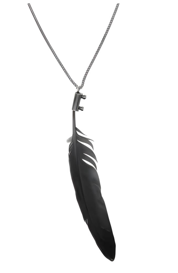 Ann Demeulemeester AW11 black feather pendant necklace with key bail on a fine gunmetal curb-link chain.