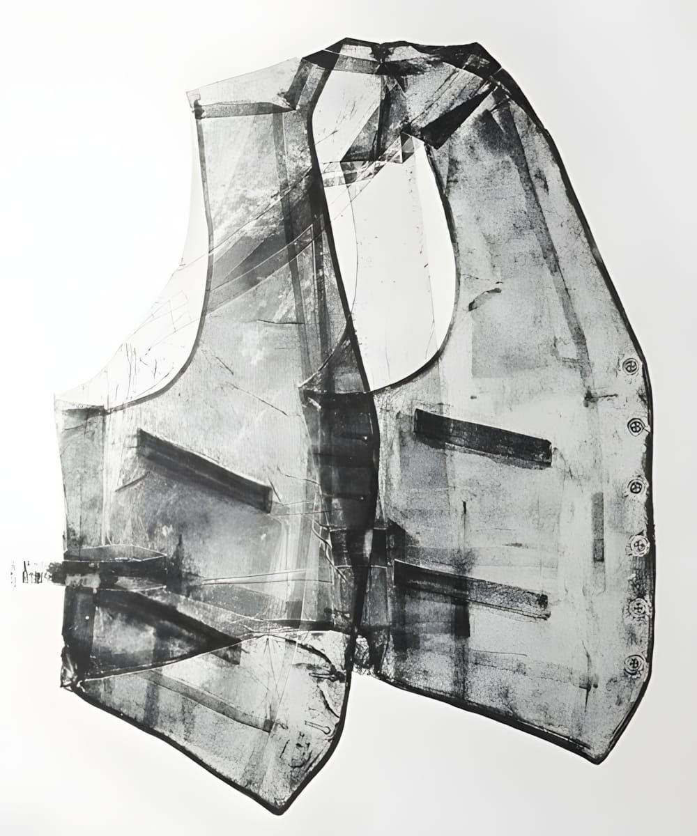 Betty Goodwin, Vest Two, 1970 — soft ground etching of a man's vest, black on white paper, 68.5 × 54.5 cm