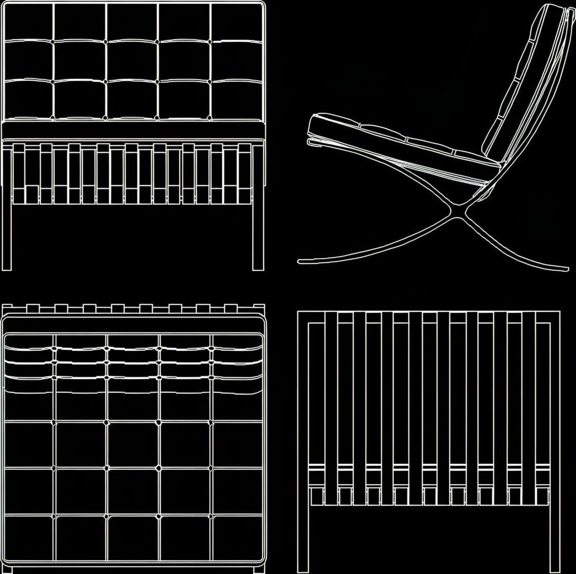 Four orthographic CAD views of the Barcelona Chair: front elevation, side perspective, plan, and rear elevation, white on bla