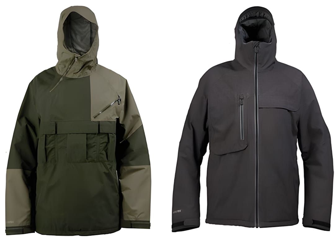 Burton [ak] 2L Jussi Anorak in green and gray colorway — a GORE-TEX pullover snowboard shell jacket with anorak-style half-zi