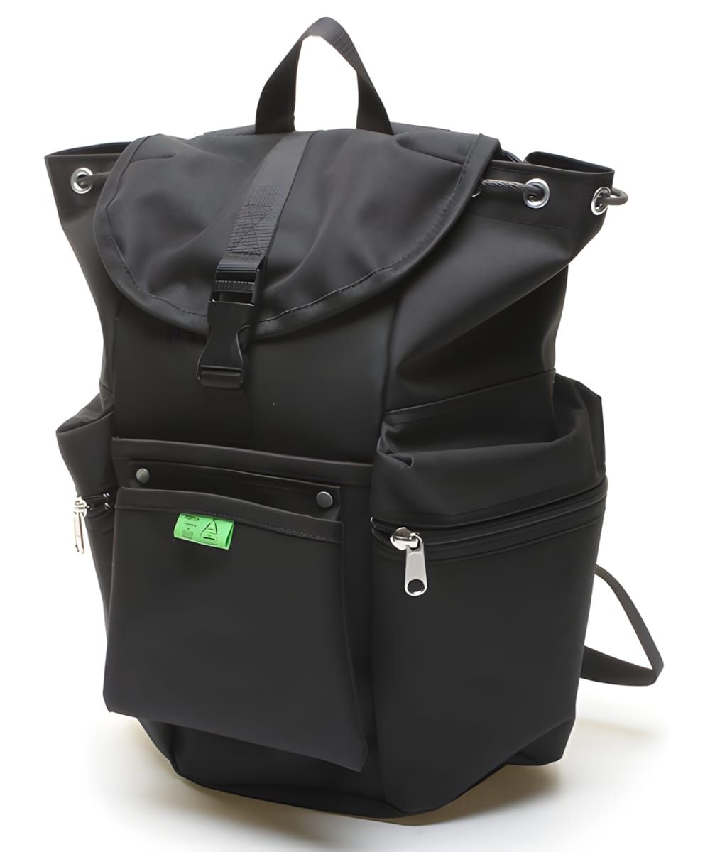 Porter UNION Rucksack 782-08692 in black — polyester canvas backpack with riveted multi-pocket front panel and green Porter n