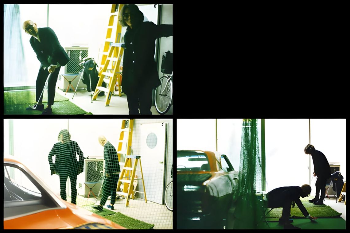 Four-frame contact sheet of models in Undercoverism FW2012 black and checked garments in a garage with a yellow ladder and vi