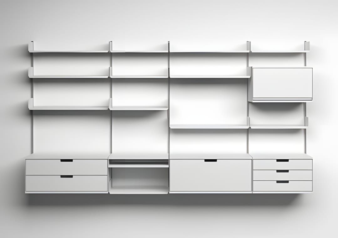 White Vitsœ 606 Universal Shelving System wall-mounted configuration: four bays of open aluminium shelves in the upper half, 