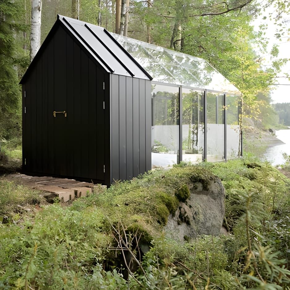 Kekkilä Green Shed prefab Finnish pine and glass greenhouse-storage structure in a forest garden setting