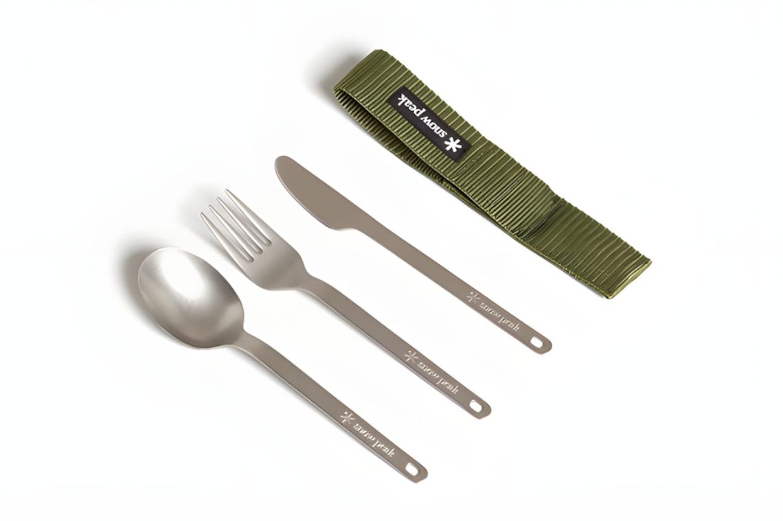 Snow Peak SCT-002 titanium fork and spoon set with canvas carry case, made in Japan.