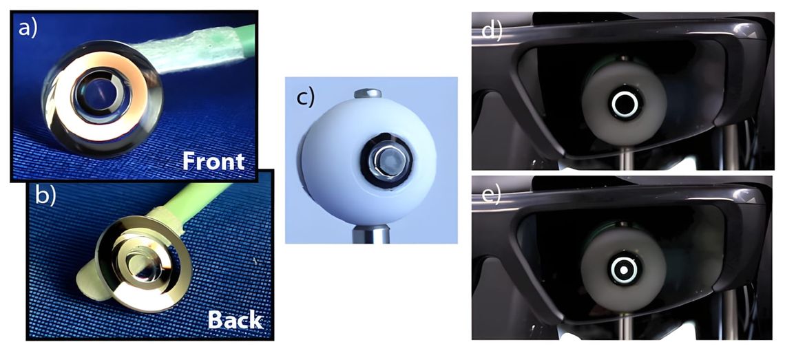 Five-panel research composite showing the switchable telescopic contact lens prototype: macro front and back views of the phy