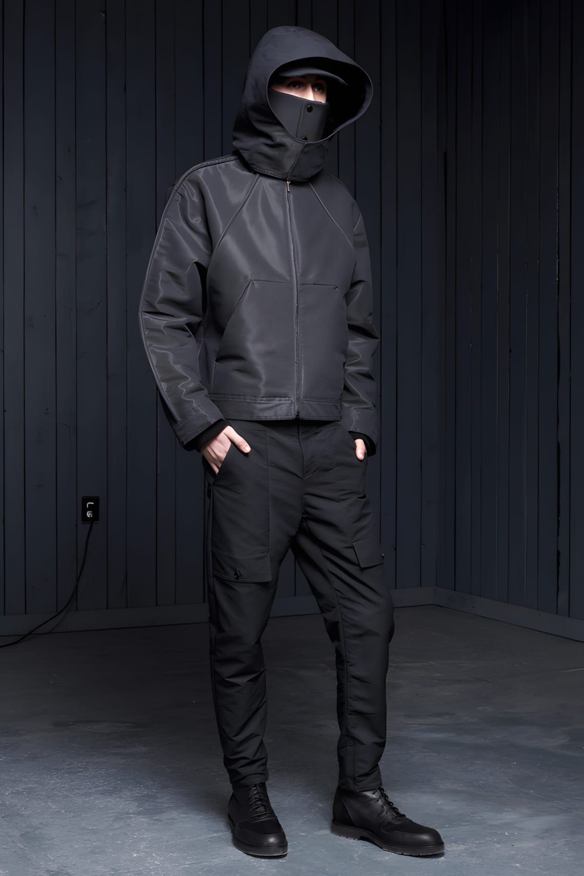 Male model in an all-black runway look from Alexander Wang Fall 2013 Menswear: cropped black leather hooded jacket with a bui