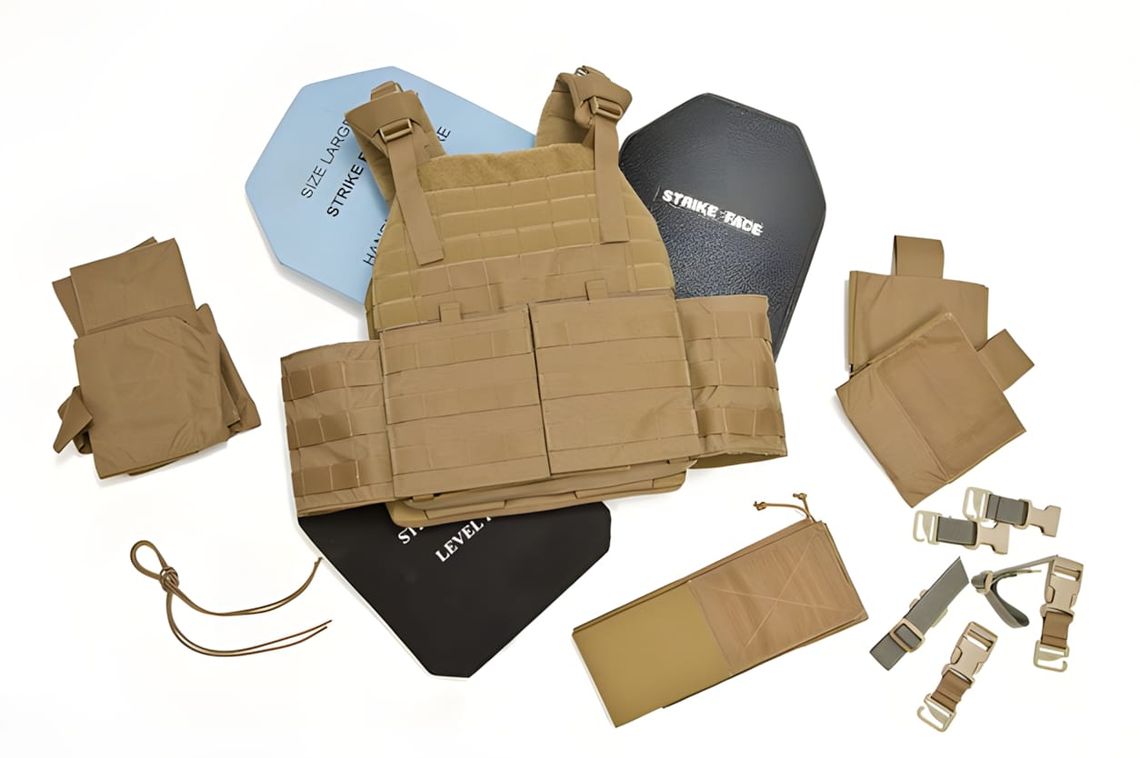 G-Force tan MOLLE plate carrier vest laid flat with ballistic plates, side panels, pouches, and buckles.