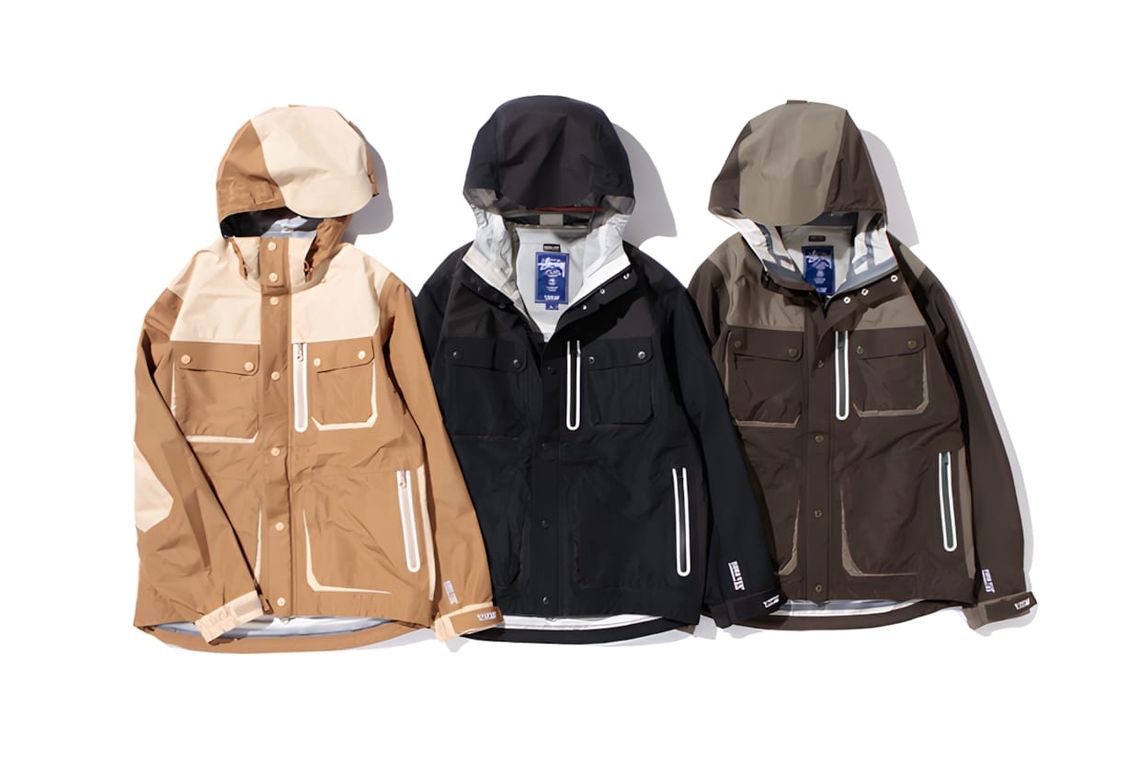 13DW x Stussy Gore-Tex Tactics Field Jacket in three colorways: tan two-tone, black, and olive/brown.