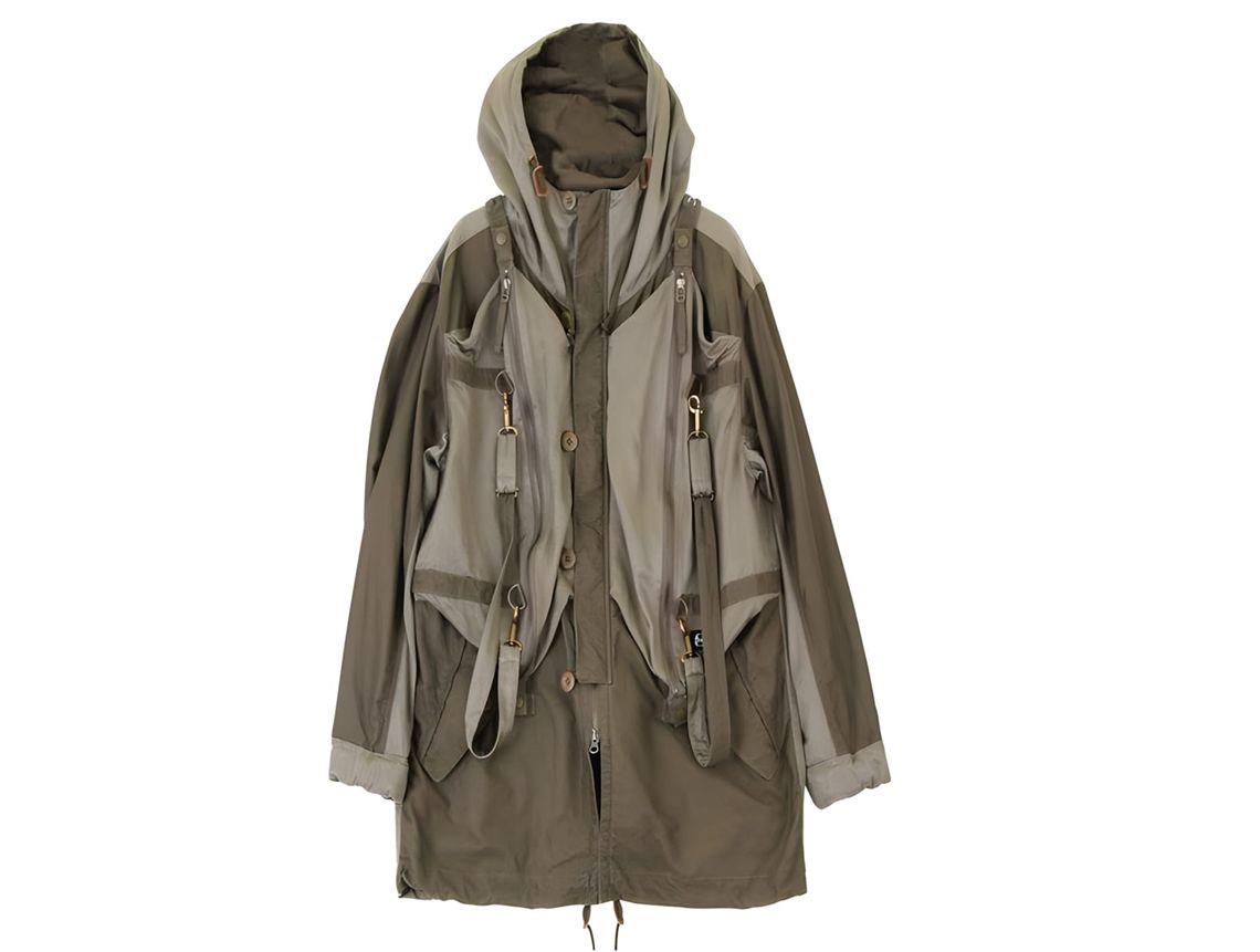 Greg Lauren 50/50 Army Fishtail Parka in olive and khaki, ghost-mannequin shot, external brass snap hooks and webbing on fron