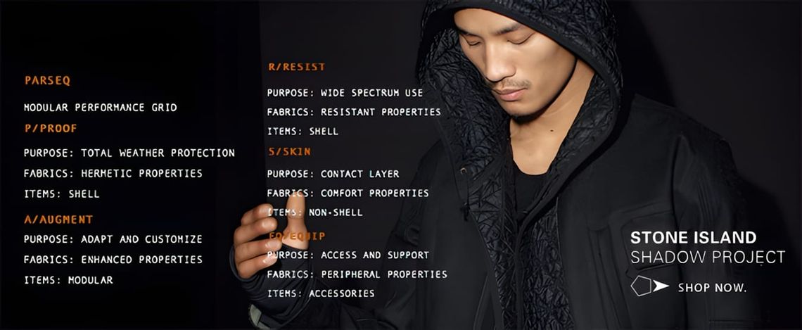 Stone Island Shadow Project SS2013 campaign banner: a model in a quilted black hooded shell jacket, with the PARSEQ modular p