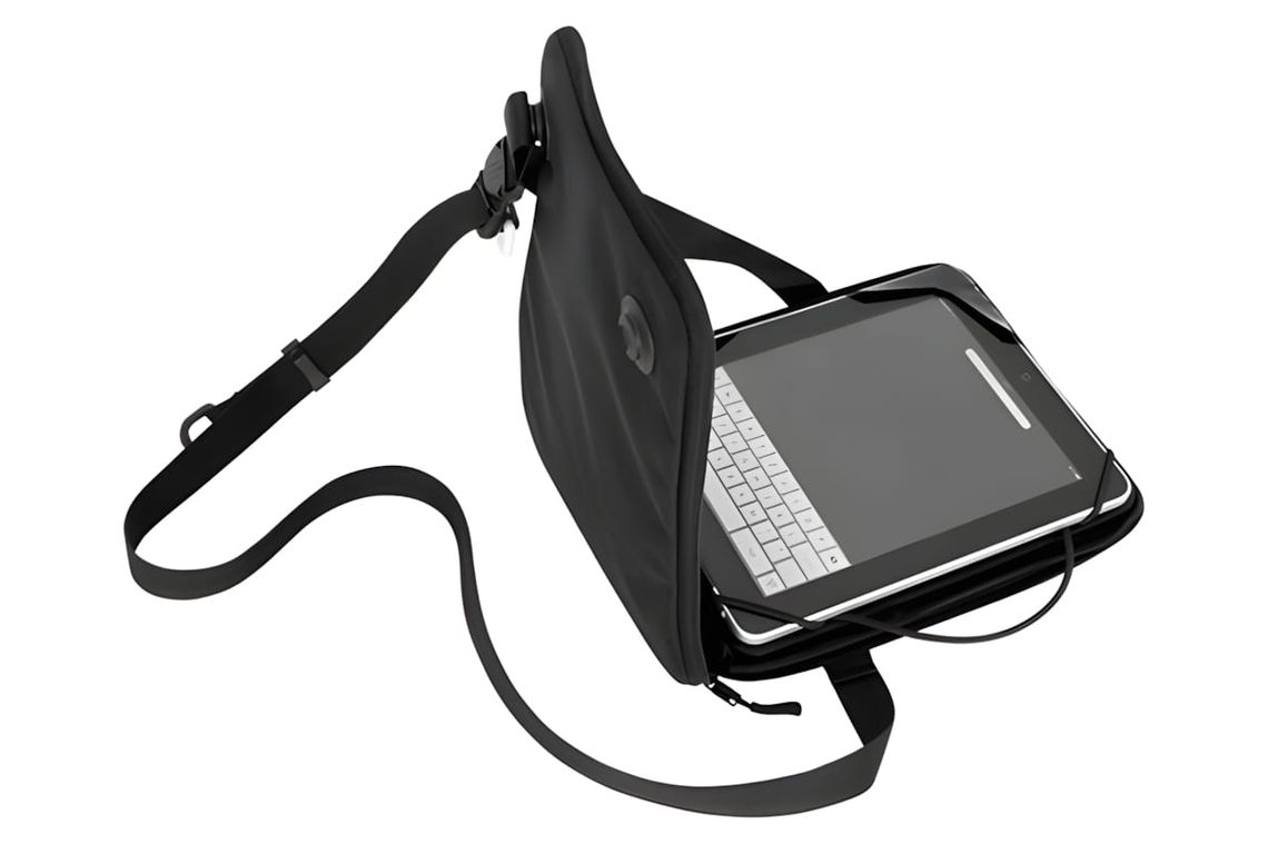 Bagjack CircDisCover iPad sleeve in black, shown open with tablet and keyboard inside, adjustable shoulder strap.