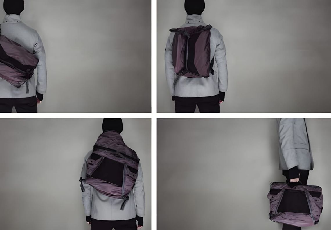 Four carry modes of Stone Island Shadow x Bagjack convertible bag: messenger, backpack, cross-back, and briefcase, worn on mo
