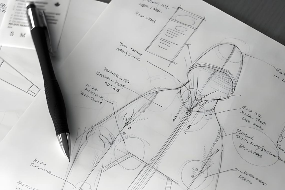 Pencil design sketches for Livestock x Reigning Champ hoodie with technical annotations on zipper and flatlock construction.