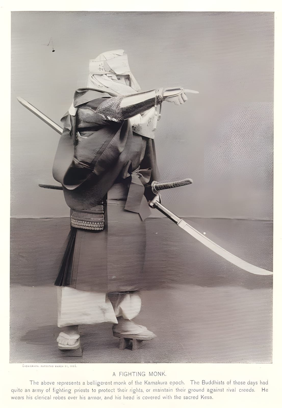 Albumen silver photograph of a Sōhei (Japanese Buddhist warrior monk) of the Kamakura period, robed and armored, holding a na