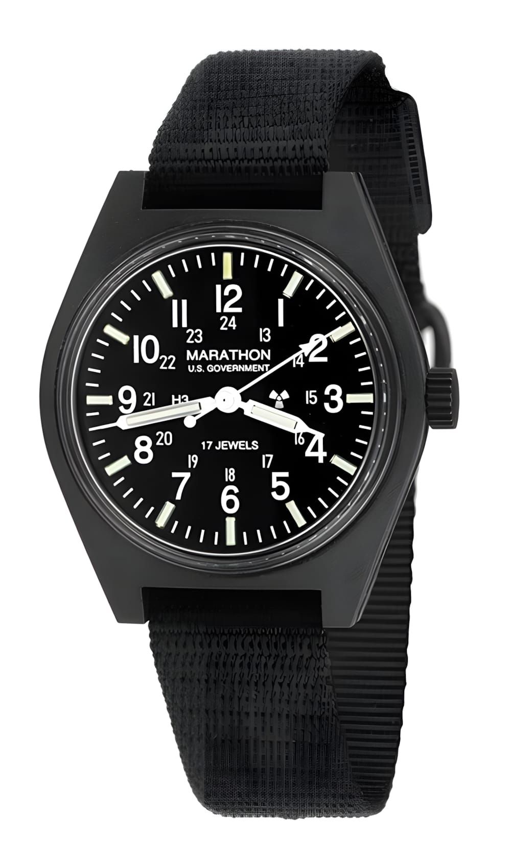 Marathon U.S. Government field watch, black PVD case, matte black dial with 17-jewel movement and H3 tritium marker, black NA