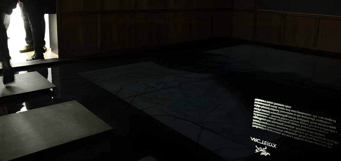 Dark Arc'teryx store interior with ARC'TERYX logo and text projected on a low floor panel; figure stands on staircase at left