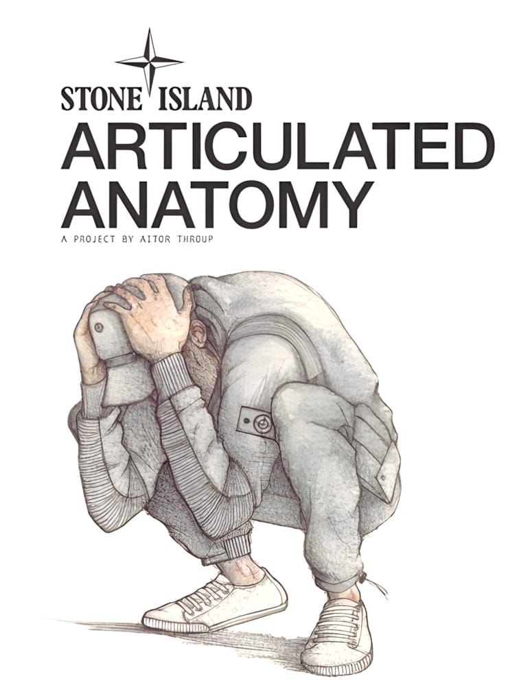 Stone Island Articulated Anatomy title page: crouching figure illustration, 'A Project by Aitor Throup'