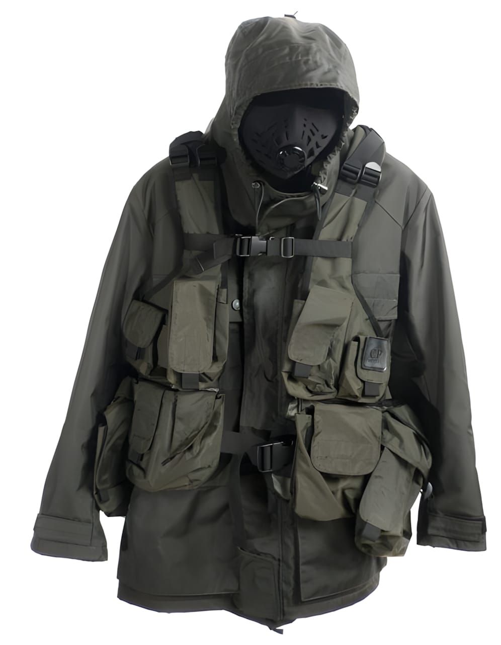 C.P. Company Urban Protection Metropolis olive hooded smock worn with multi-pocket tactical vest and anti-smog face mask, AW2